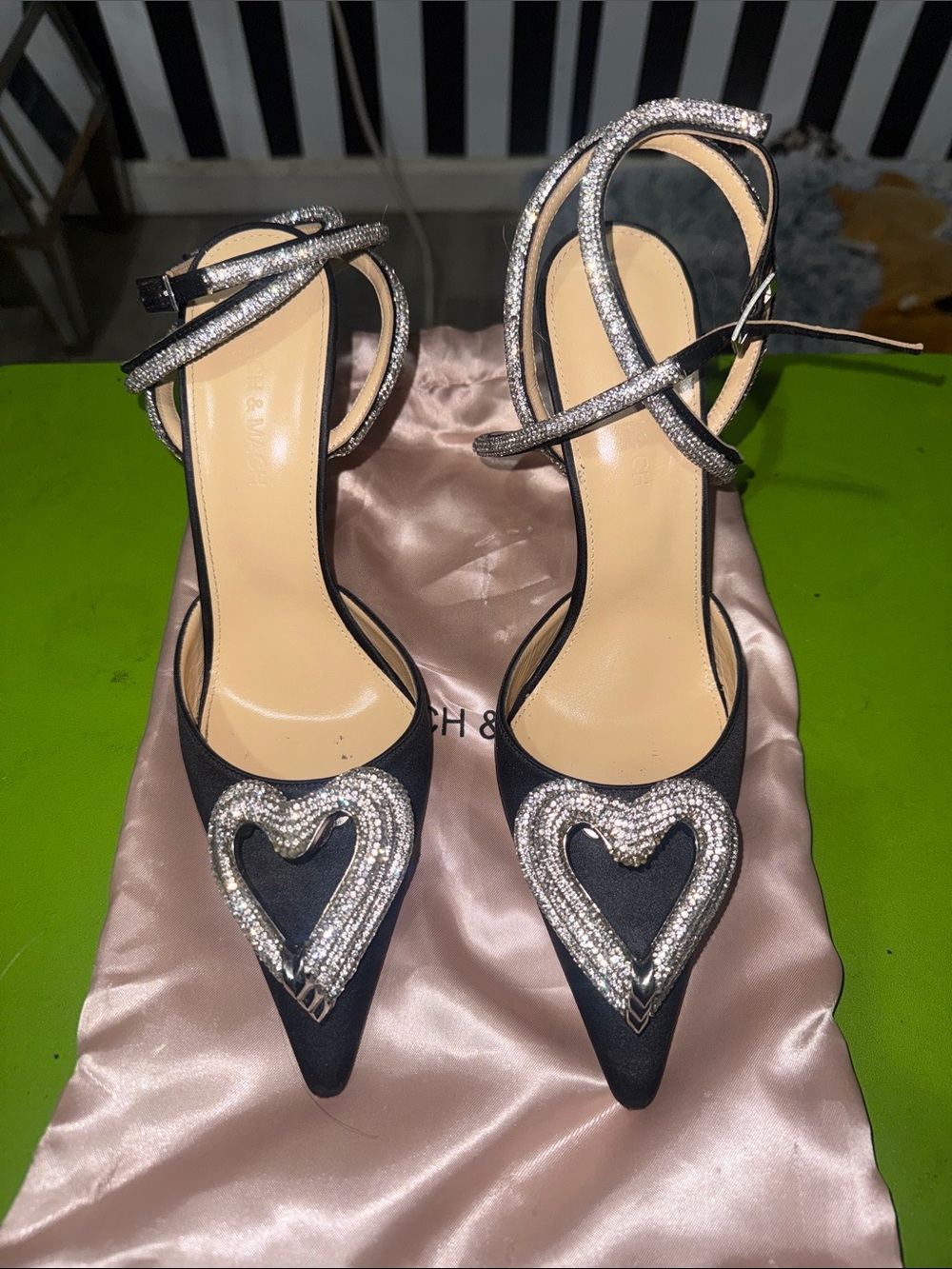MACH & MACH Black Satin Pointed-Heel Sandals with Crystal Heart Embellishment